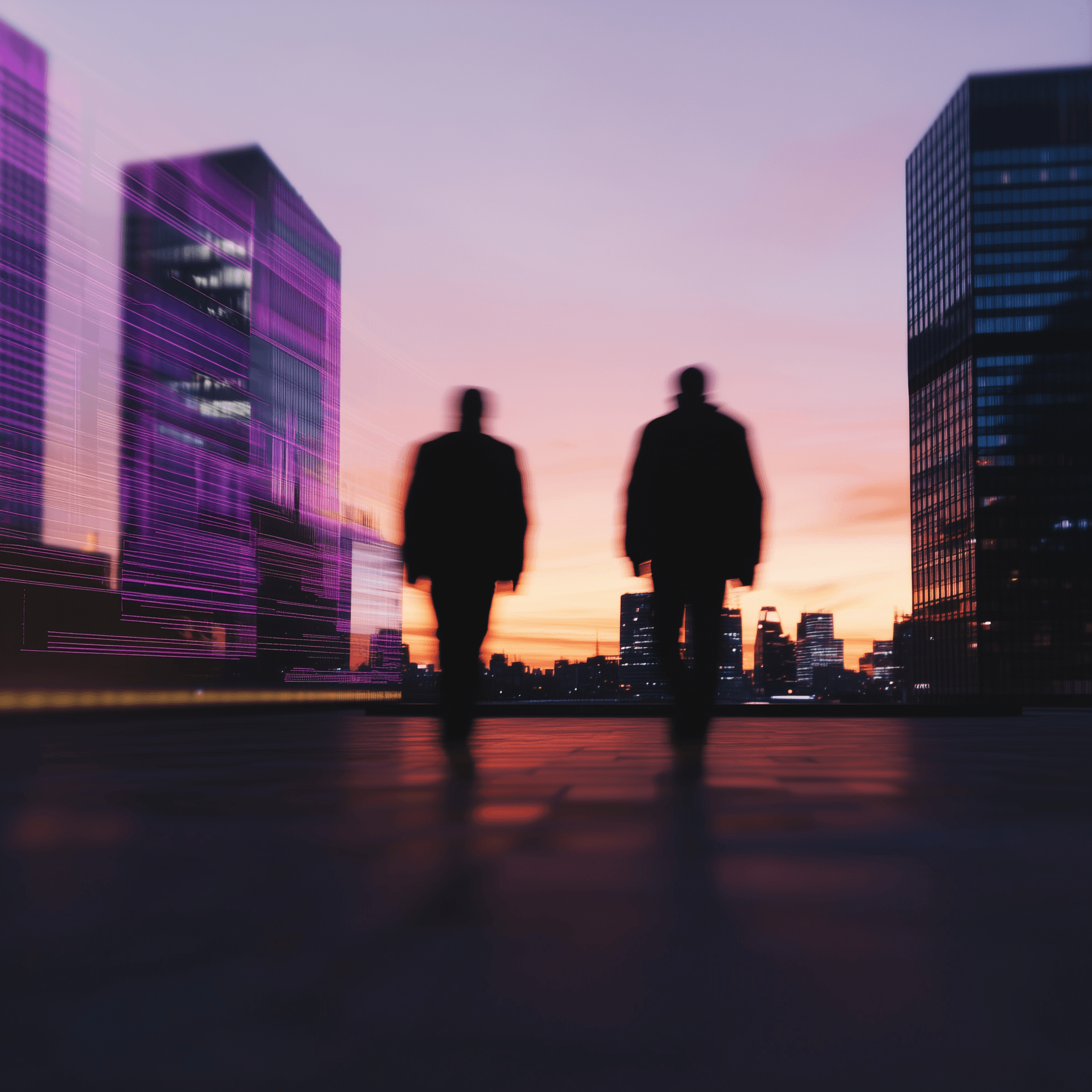 Two men discussing business strategy with city skyline in background