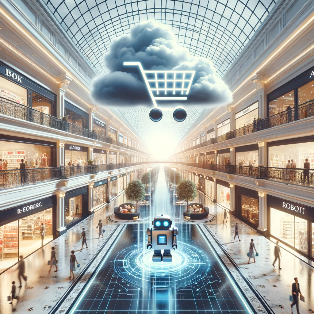 "A small retailer in a grand, bustling mall using AI technology to compete with a giant e-commerce symbol looming in the cloudy digital sky."