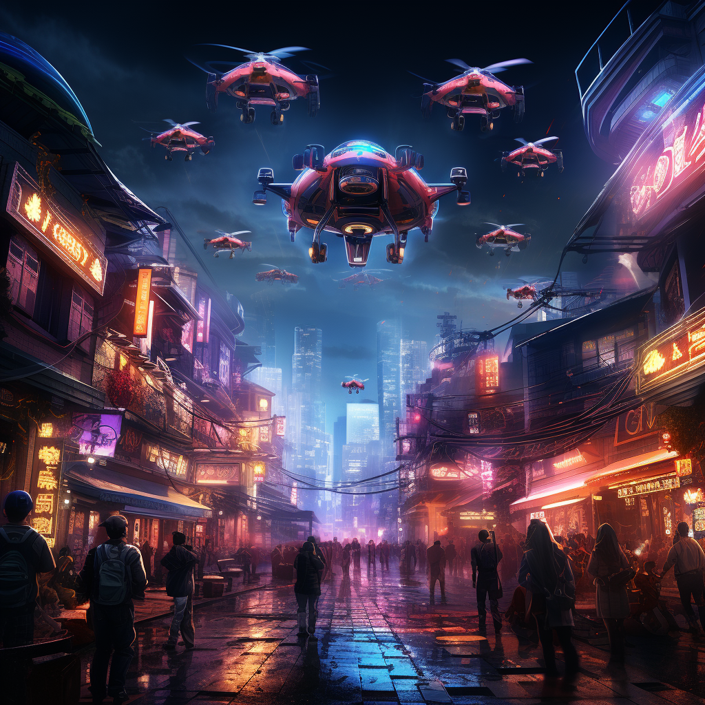 "A futuristic scene of AI-controlled drones rapidly racing through neon-lit courses in the night sky."