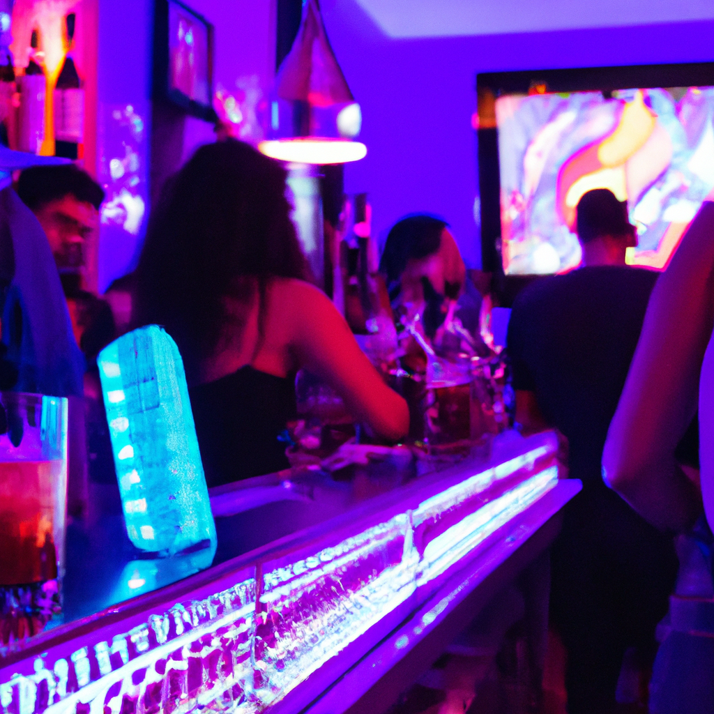 A vibrant, tech-inspired tavern in South Miami during the Bougie's Tech Tuesday Happy Hour event, with people socializing and exploring technological devices around purple neon lights representing Purple Horizons.